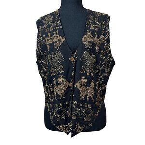 Red's Threads Vintage Black Gold-Beaded Art To Wear Rayon Vest Size S/M